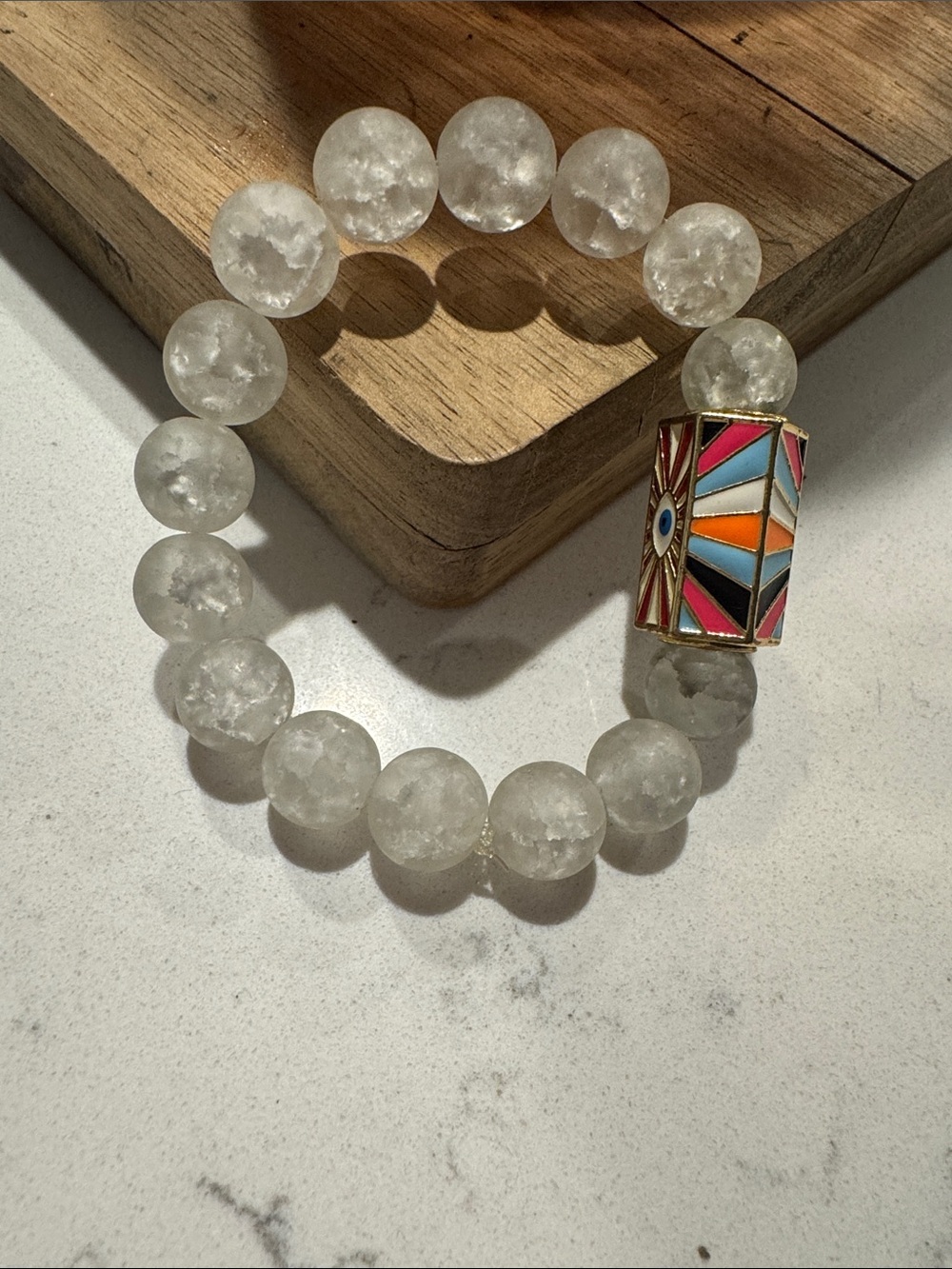 Crystal Bead Bracelet with Multicolor Enamel Eye Accent